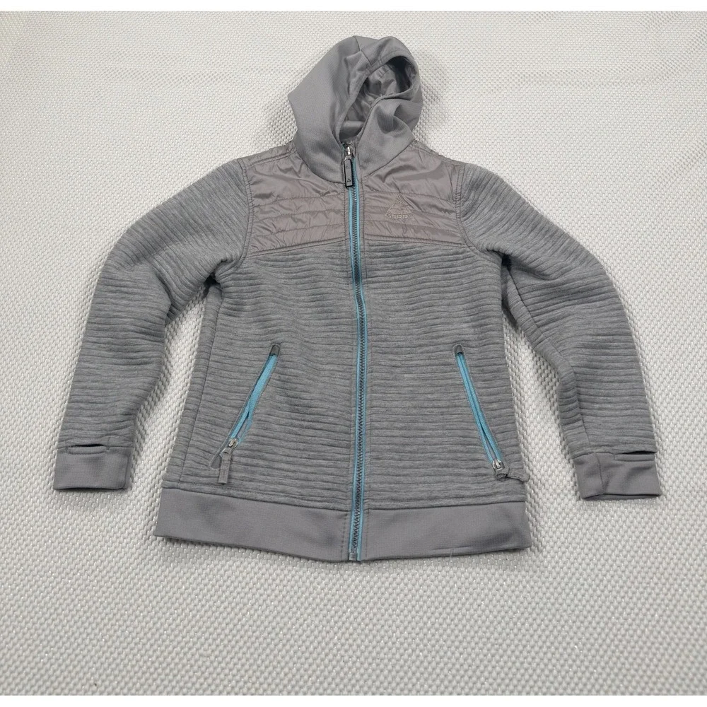 Gerry Youth Kids Size S 7/8 Gray Full Zip Hooded Ribbed Hybrid Jacket Teal Blue